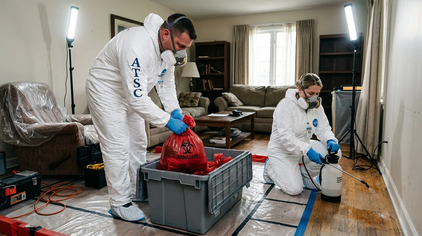 Professional Hoarding Cleanup technician in full PPE working in Concord